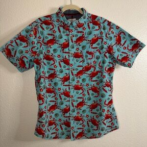 Ditch Plains Blue and Red Crab Print Button Down Shirt Size Large.